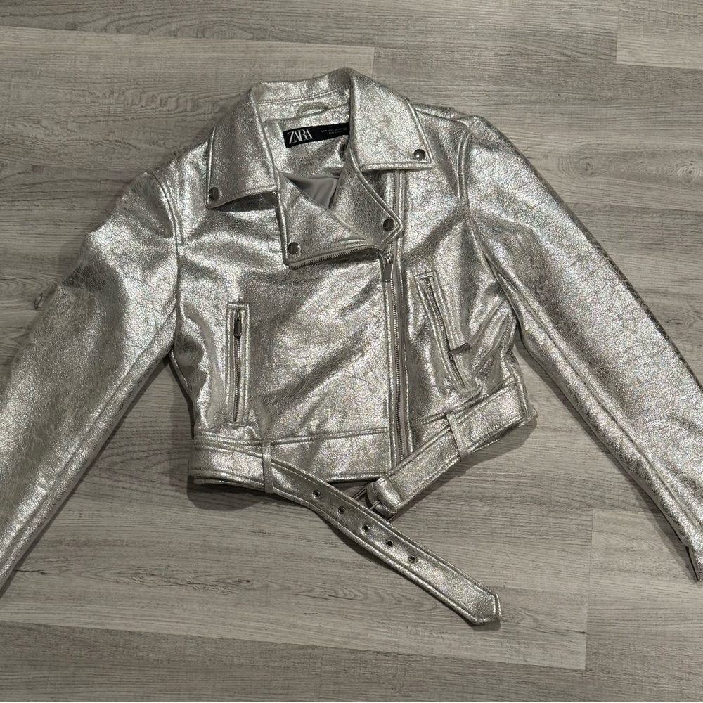 Zara Shimmering Silver Women's Biker Jacket